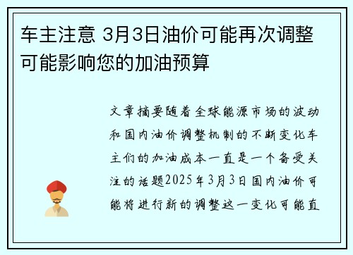 车主注意 3月3日油价可能再次调整 可能影响您的加油预算